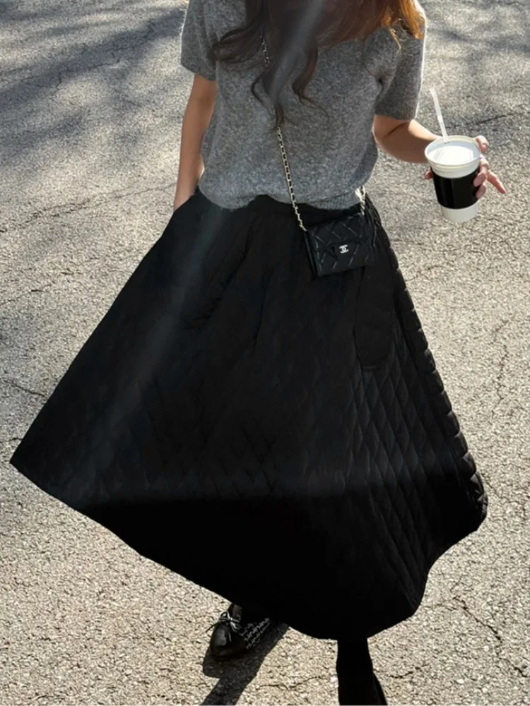 Saia retrô de cintura alta evasê para mulheres algodão comprimento f outono inverno emagrecimento saia grande com padrão de diamante guarda-chuva Skir...