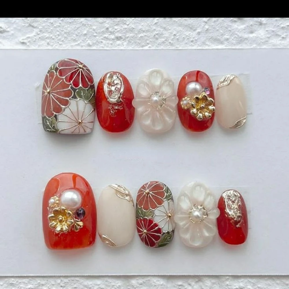 10PCS Ręcznie robiony manicure Press On Nails Cute Flowers Pearl Fake Nails Krótkie owalne sztuczne paznokcie 3D Malowanie paznokci z zestawem pilników do paznokci