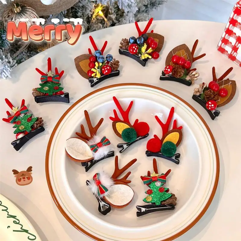 1 Pair Christmas Hair Clips For Women Girls Antlers Side Bangs Clip Cartoon Plush Elk Ear Hairpins Santa Snowman Barrettes