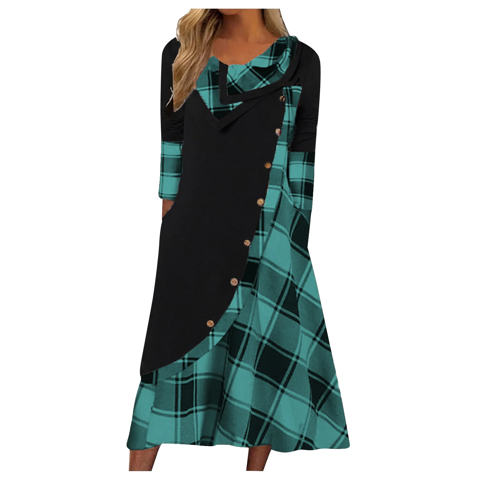 2023 Autumn New Plaid Panel Button Pocket Stacked Collar Office Lady Ankle-length Comfortable Leisure Casual Long Sleeve Dress