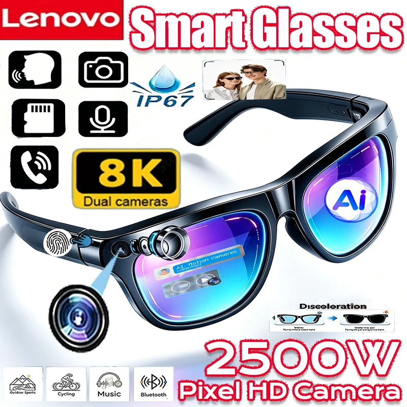 Lenovo 8K 2500W HD Camera AI Smart Glasses Bluetooth Glasses Translation Calling Voice Assistant Adults Sunglasses Electronics
