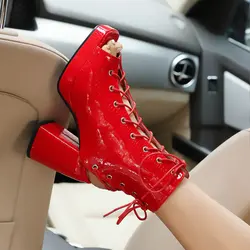 Denim Blue Shiny Patent PU Peep Toe Lace-up Sexy Punk Goth Women Summer Boots Chunky High Heels Platform Sandals Big Size 33-46