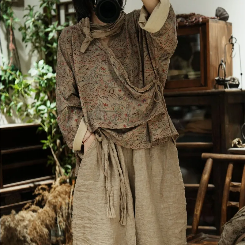 NEW Original Design Knitted Printed Retro Blouse Jackets Femme Asymmetric Placket Tie Front Mixed Style Shirt Lace Up Cardigan