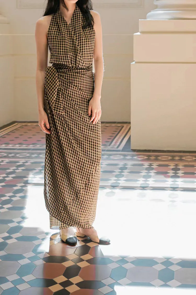

C0rtan* Summer/Spring Women Skirt Casual Viscose Light Brown Plaid Knot Ankle-Length High Waist Vintage Lace-up Belt A-Line