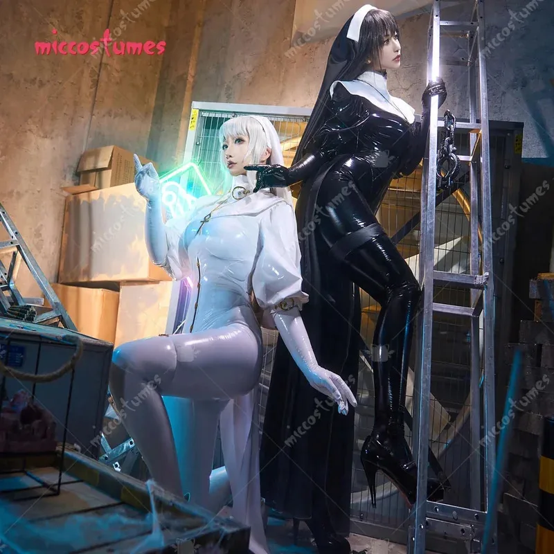 CyMiccostumes x Chowbie 여성 섹시 란제리 세트 검은 수녀 코스프레 의상 바디 슈트 점프 슈트 (칼라 헤드 밴드 목걸이 포함)