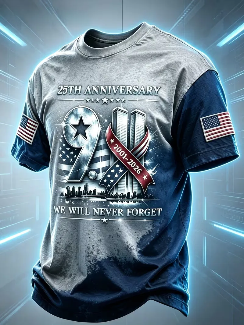 911 25th Anniversary T Shirt for Men We Will Never Forget 2001‑2026 Memorial Tee USA Flag Short Sleeve Casual Patriotic T‑Shirt