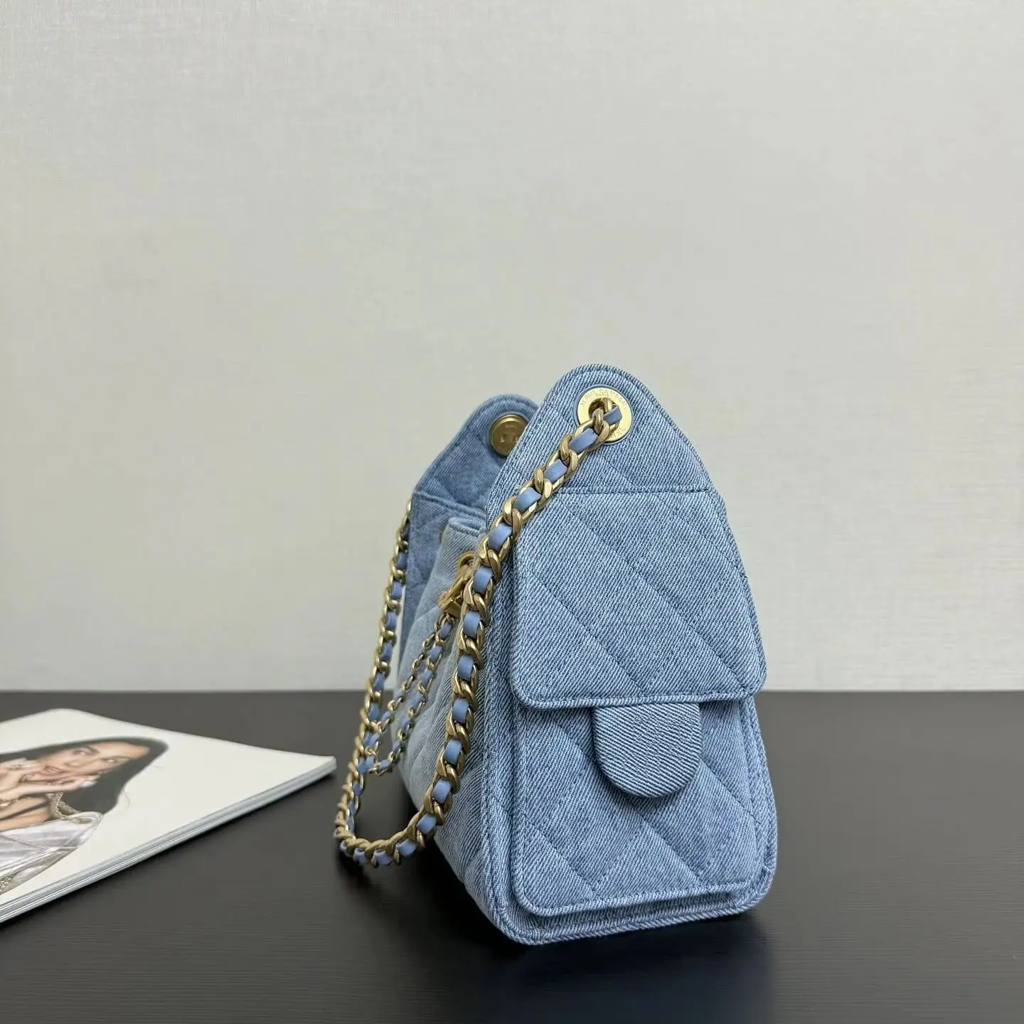 Light Blue Denim Diamond Quilted Flap Chain Shoulder Bag, Luxury Casual Handbag