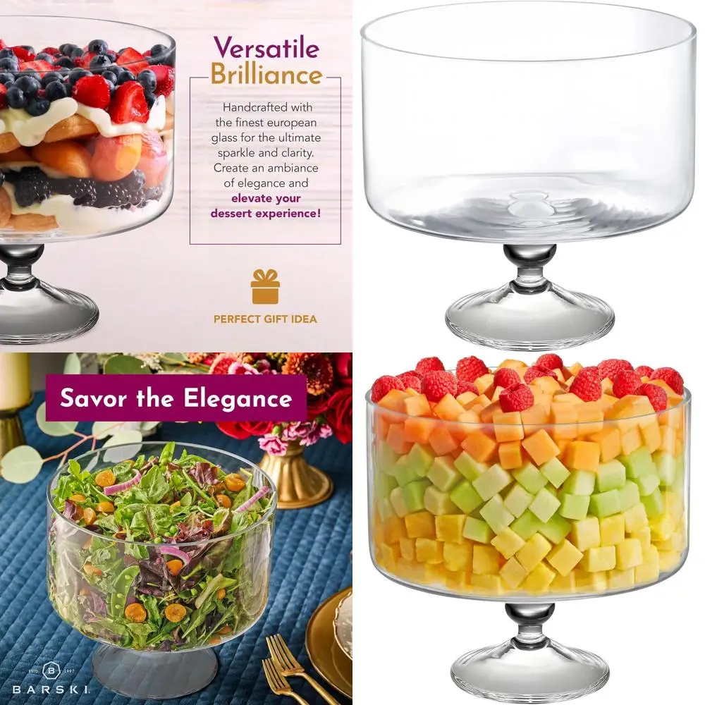 

Large 9.5 Diameter European Crafted Clear Glass Trifle Bowl, Holds 170 oz