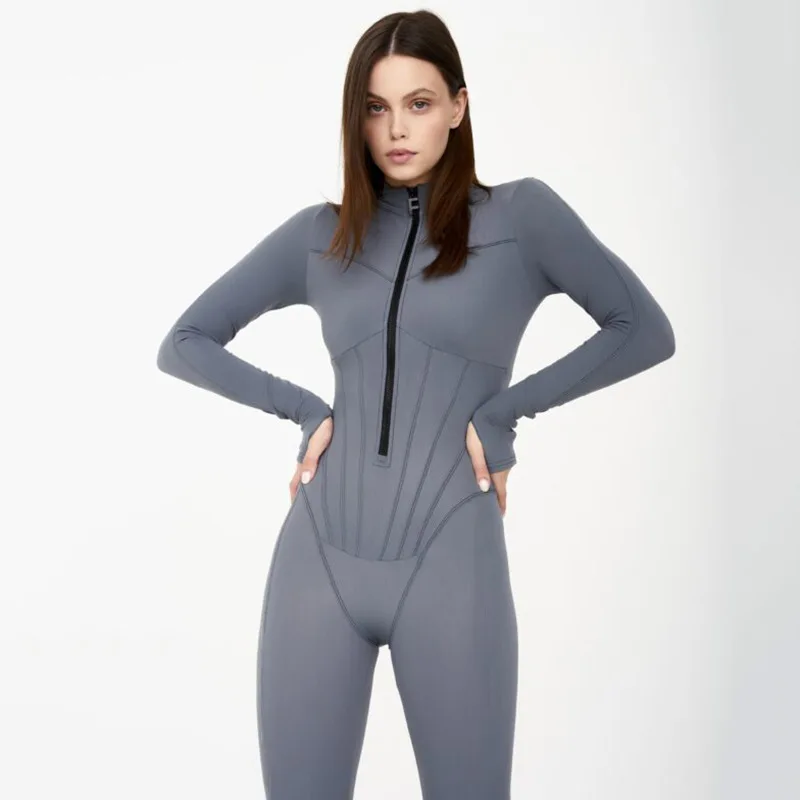 

Sexy Tight Zipper Onesie Pants round Ne Long Sve Base Layer Pants High Waist Polyester Spring 2023 New Arrival Women's F...