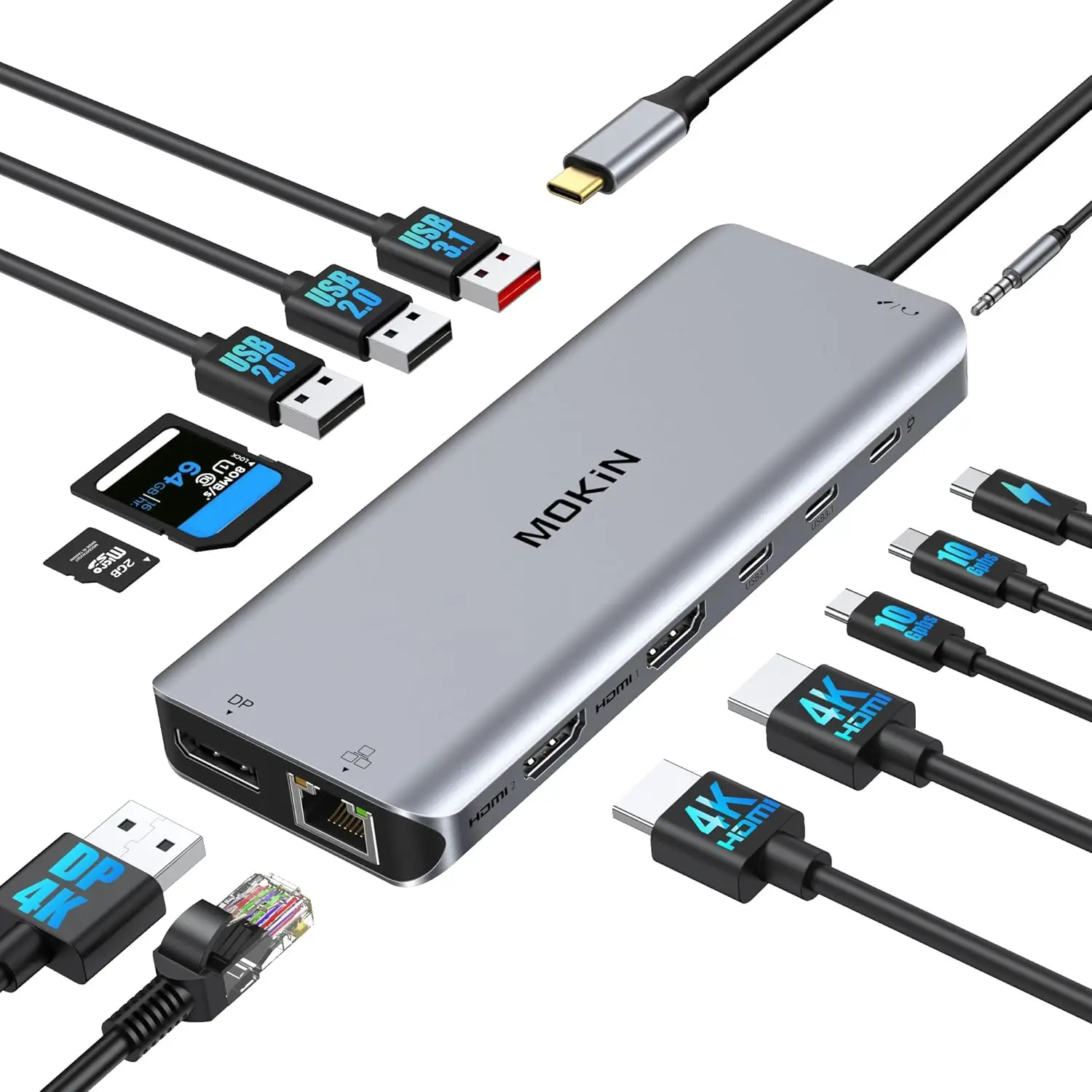 

Док-станция USB-C с двумя портами HDMI и DP для подключения трех мониторов, хаб 13-в-1 с поддержкой PD 100 Вт, Ethernet