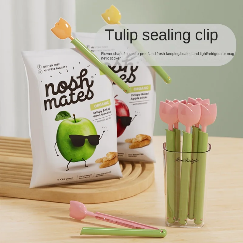 Clip de sellado de tulipán, bolsa de aperitivos sellada a prueba de humedad, almacenamiento de mantenimiento fresco con caja de almacenamiento de