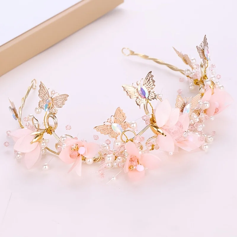 Gold Color Crystal Pearl Butterfly Crown Tiara For Women Bride Headband Bridal Wedding Hair Accessories Jewelry Band Crown Tiara