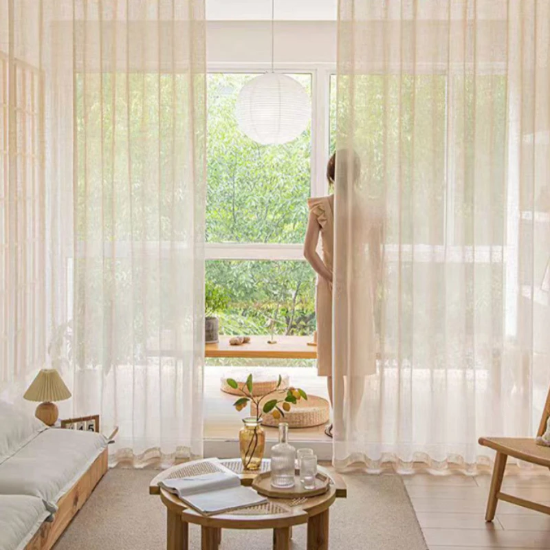 Beige Tulle Cotton Linen Look Sheer Voile  Window Curtain for Bedroom or Living Curtains for Dining Room  Window