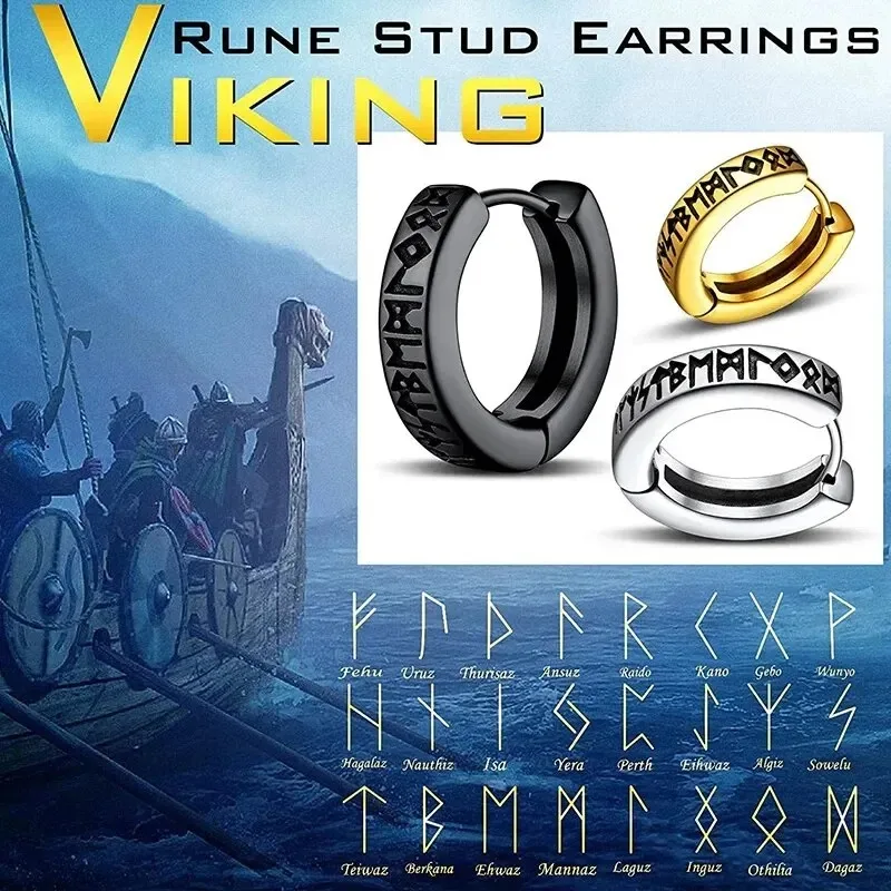 2pcs Stainless Steel Norwegian Viking Rune Hoop Earrings for Men Woman, 12mm Huggie Hoop Religious Earring Piercing Jewelry