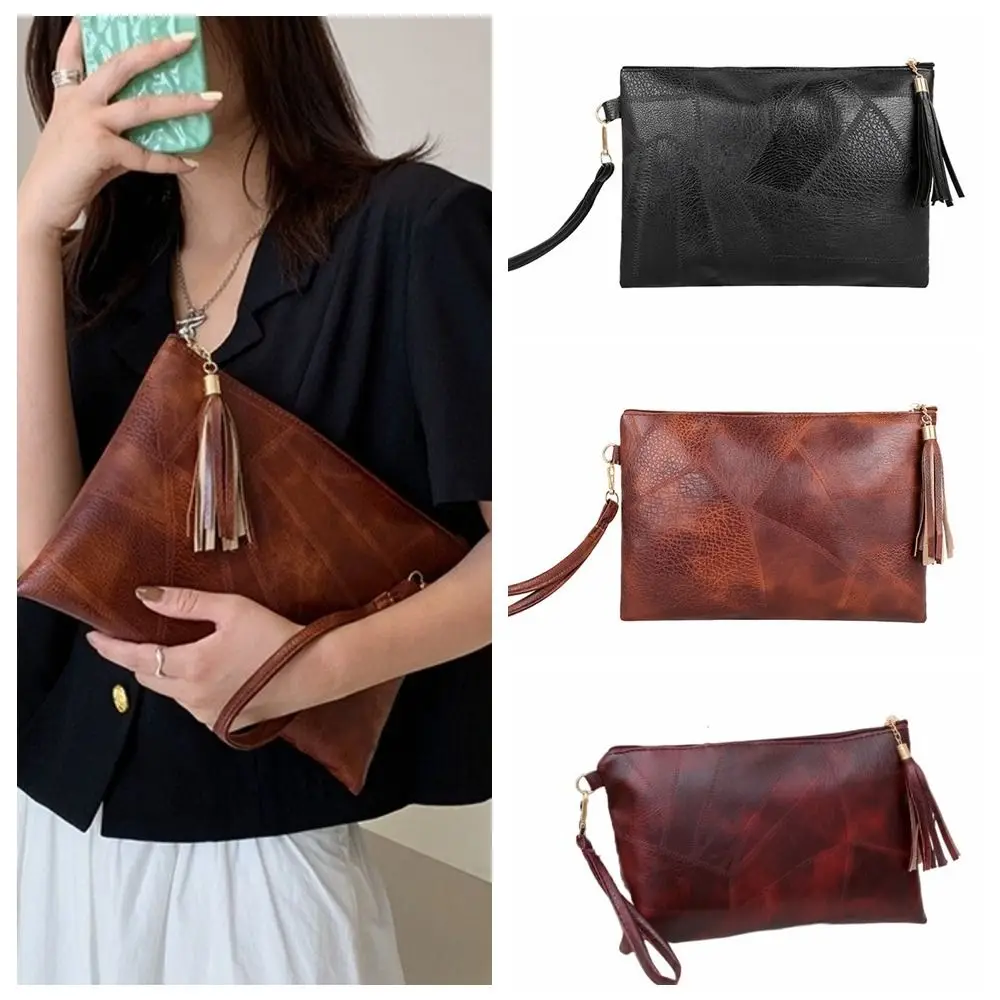Envelope Bag Tassel Handheld Bag Korean Style Solid Color Zipper Coin Purse Wallet Clutch Small Item Bag Outdoor