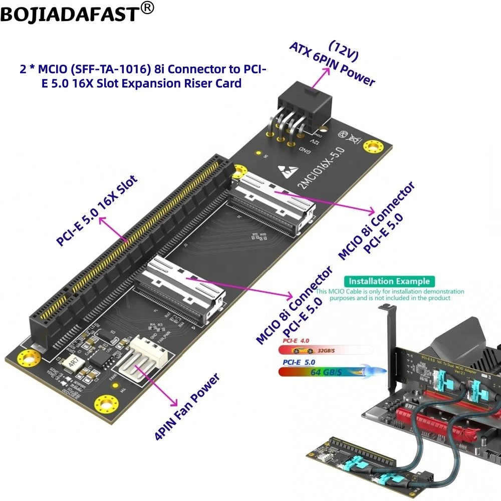 2 * MCIO (SFF-TA-1016) 8i Connector to PCI-E 5.0 16X Slot Adapter Expansion Riser Card with 12V ATX 6PIN Input Power