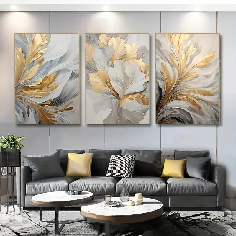Juego de 3 Cuadros en Lienzo sin Marco, Póster de Hojas Doradas y Blancas, Impresión en Lienzo, Arte de Pared, Pósters de Lujo