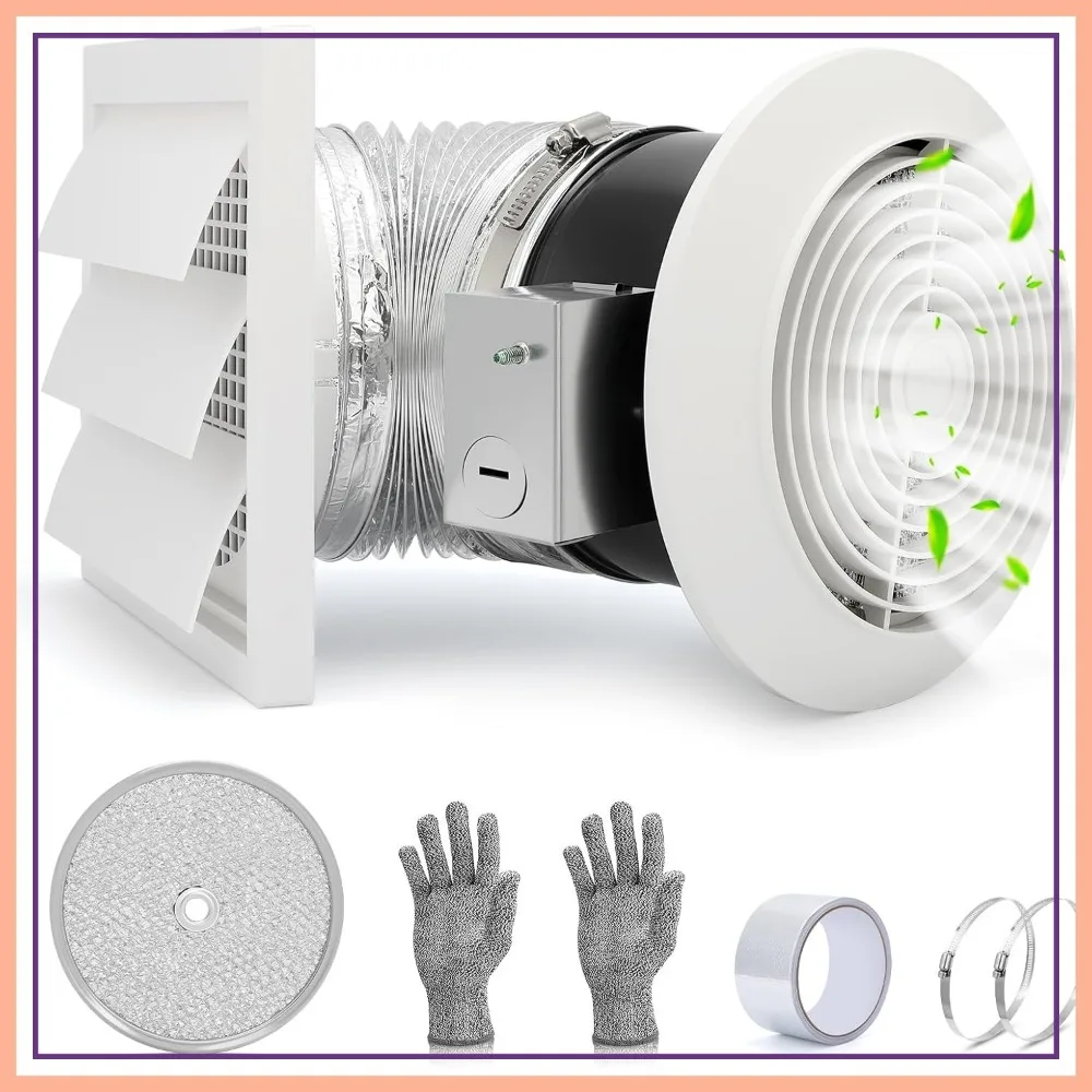 

512M Bathroom Exhaust Fan, 6 Inch Wall Mounted Kitchen Exhaust Fan with White Grille, 80 CFM 4.0 Sones, 15-Inch Retractable Duct, Garage Fan, Bathroom Fan, Attic Fan