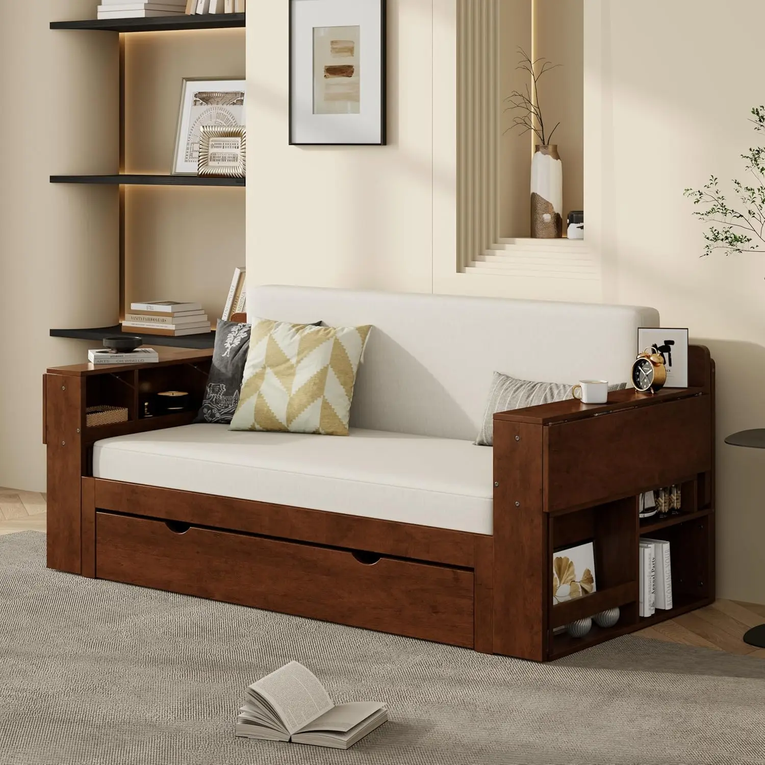 Full Size Daybed with Pop Up Trundle and 2 Storage Drawers, Wooden Full Day Bed Frame with Removable Desk,, Customized