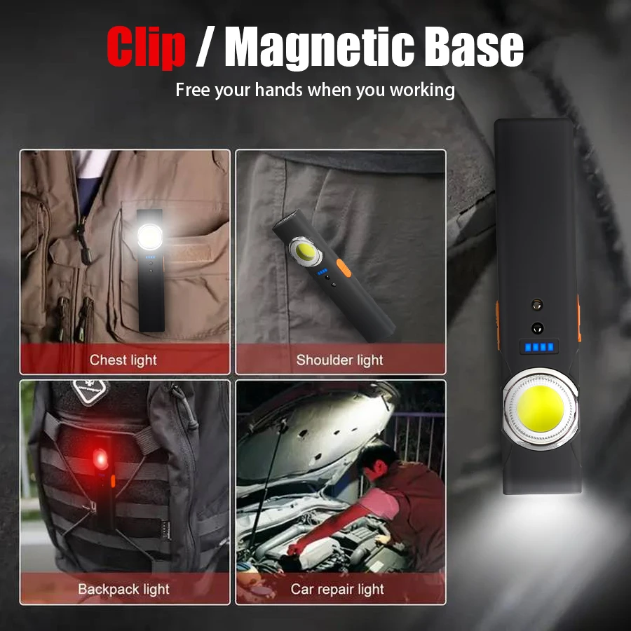 Newly Upgraded Portable Super Bright LED COB Work Light With  Magnetic Built-in Battery Rechargeable Emergency Clip Flashlight
