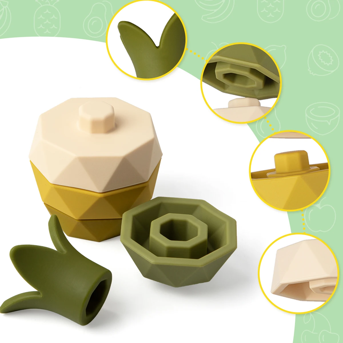 シリコーンスタッキングおもちゃベビービルディングブロックフルーツネスティングデザイン Bpa フリーソフトシリコーンステッカースタッキングブロックゴム歯が生える