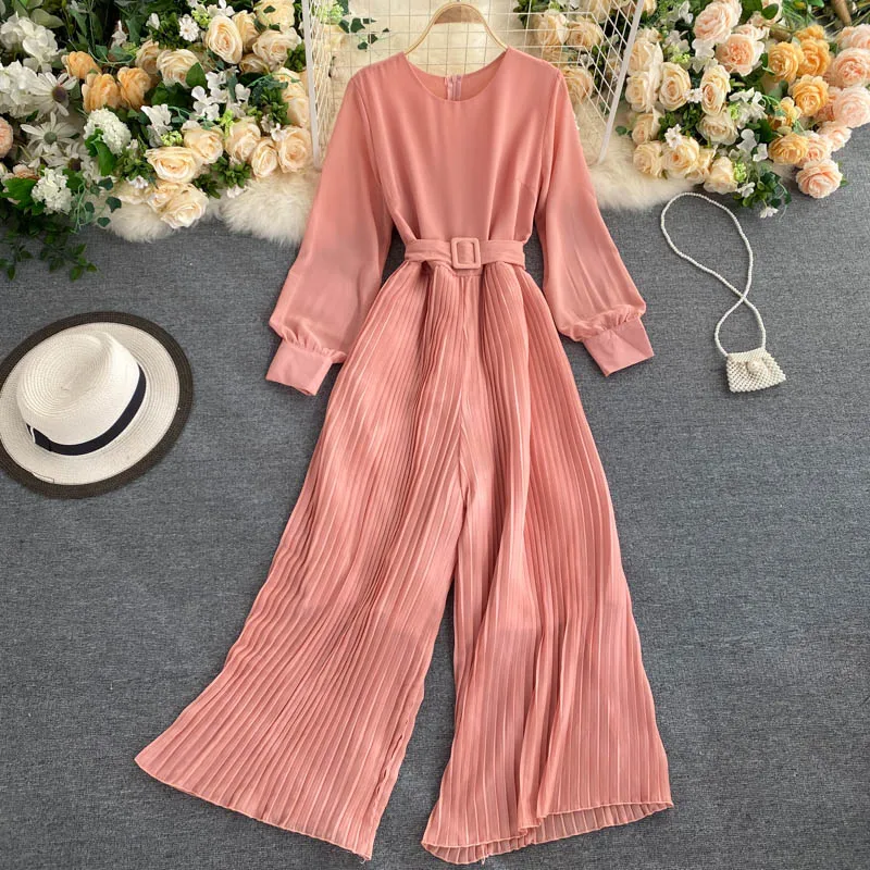 2023 New Spring Autumn Women O-Neck Long Sleeve Belt Slim Jumpsuits High Quality Fashion Pleated Wide Leg Pants Jumpsuits