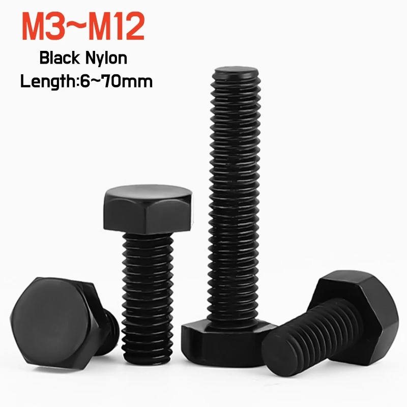 10~100pcs Black Nylon Hex Head Screws M3 M4 M5M6M8M10M12 Plastic Outer Hexagon Head Bolt External Hex Drive Length 6~70mm DIN933