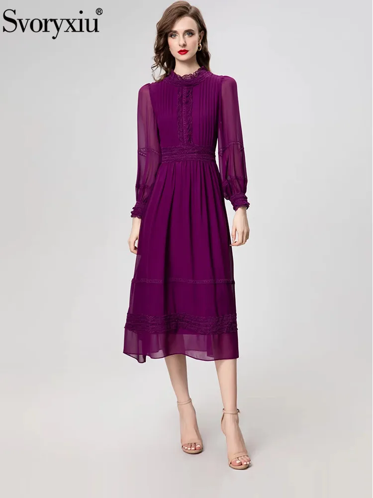 

Svoryxiu Runway Fashion Autumn Party Purple Vintage Midi Dress Women's Lace Stand Collar Pleated High Waist Big Swing Dress