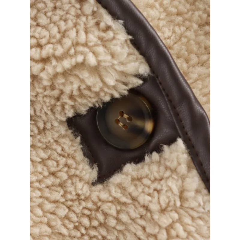 Outono inverno casaco de lã retalhos jaqueta quente feminina jaqueta de pele sintética de manga comprida topo fofo solto único breasted na moda