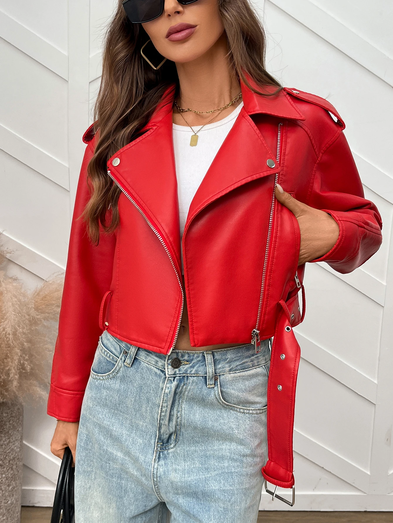 سترة Fitaylor النسائية المصنوعة من الجلد الصناعي مع طية صدر السترة للدراجات النارية من الجلد معطف أحمر كاجوال #3