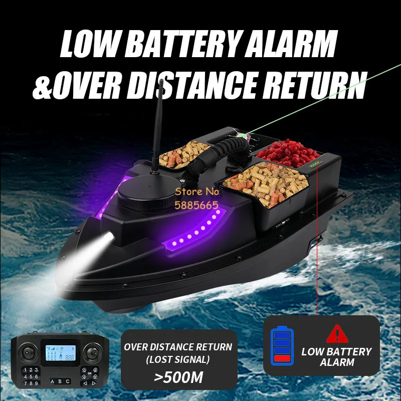 54CM 4 Hopper 100 GPS Auto Return Cruise RC Fishing Bait Boat 500M 2KG Adjust LED Lighting Waterproof Remote Control Bait Boat