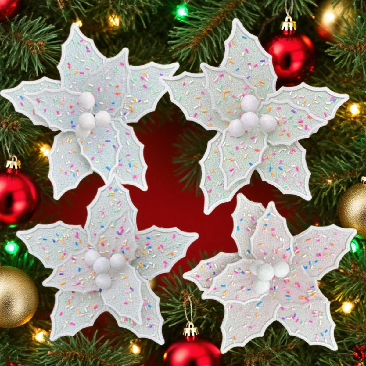 

4PCS Artificial Glitter Christmas Flowers with Clips for Xmas Tree Ornament Fake Flower Floral New Year Party Home Decoration