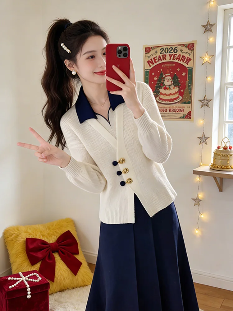 Casual Style Knitted Sweater Women's Slimming Concealing Color Block Collarless Cardigan Breathable Fabric Long Sleeve Top