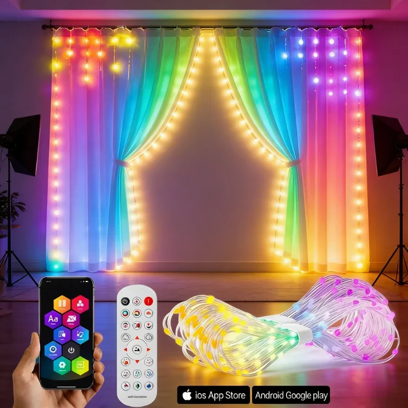 LED Curtain Lights RGB Fairy String Lights DIY App Control Remote for Bedroom Patio Wedding Party Background Decor Scene