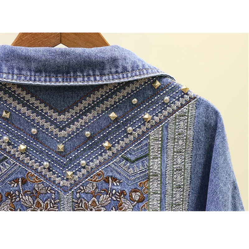 

Handwork Rivet Embroidery Denim Jacket Women Streetwear Tassel Patch Veste Femme Loose Chaquetas Mujer Jeans Jacket Coat Female