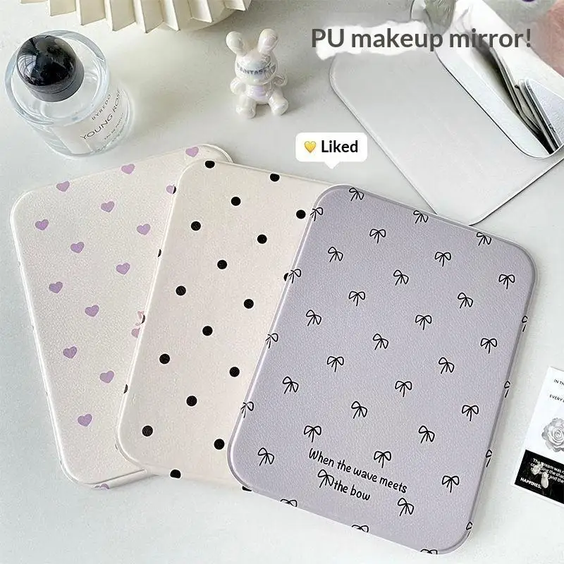 Desktop Makeup Mirror Solid Color PU Leather Simple Portable Handheld Makeup Mirror Foldable Student Compact Cute Pocket Mirror