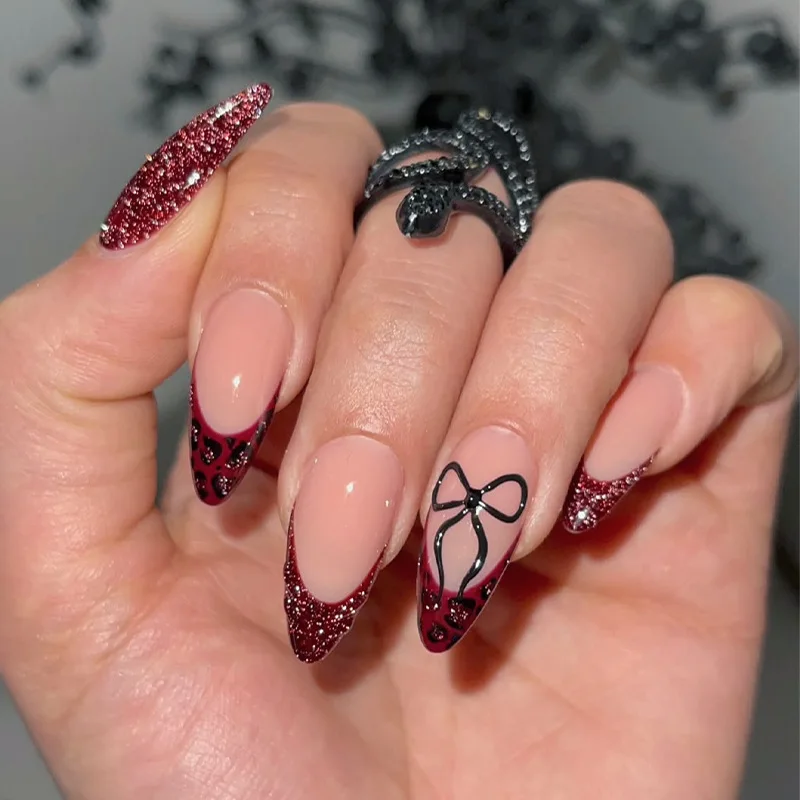 

24Pcs Fake Nails New Leopard Print Heart-Shaped 3D Bow Design Shimmering High-Pressure Press-On Nail Tips Perfect Gift for Girls