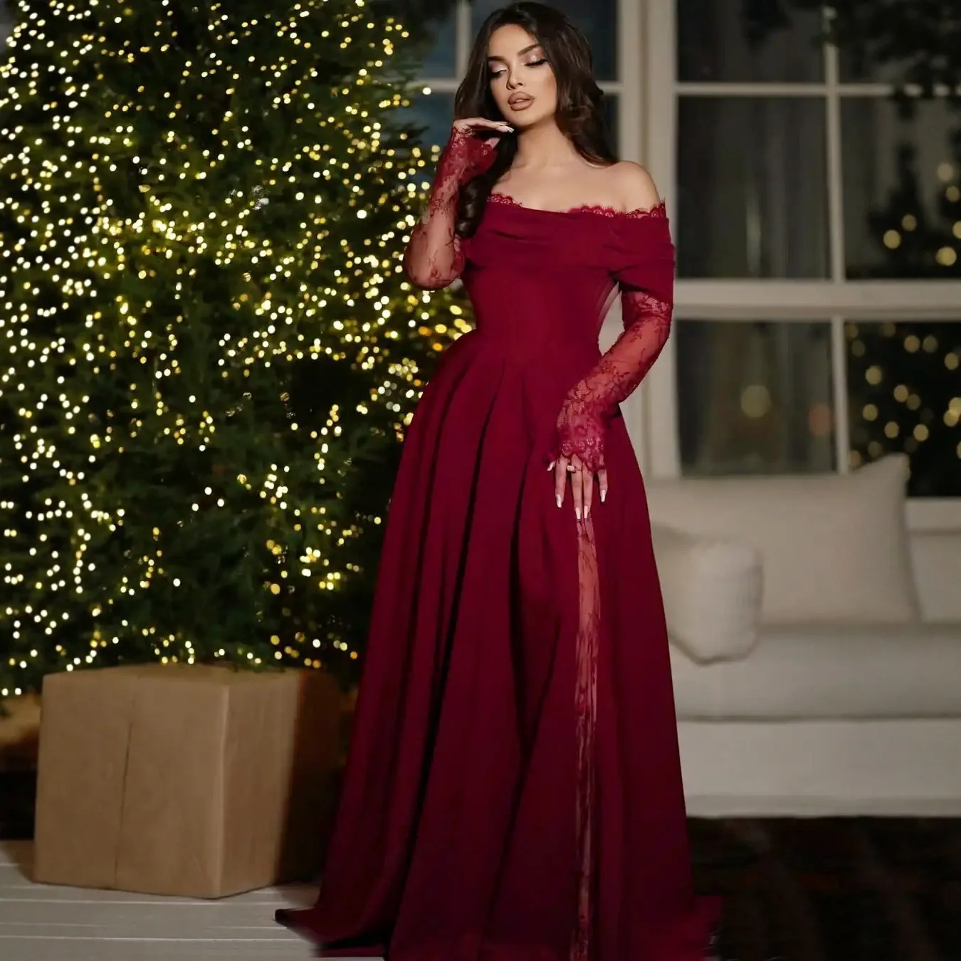 

Evening Dress For Women Temperament Sexy See Through Lace Patchwork Long Sleeve Off Shoulder Long Dresses Party Prom Vestidos