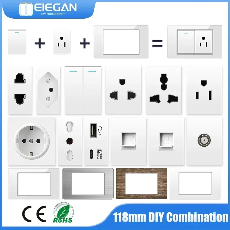 118 Series Brazilian/Italian Standard PC/Tempered Glass Wall Switch Socket EU French Home Power Socket USB Type-C TV 118mm * 72m