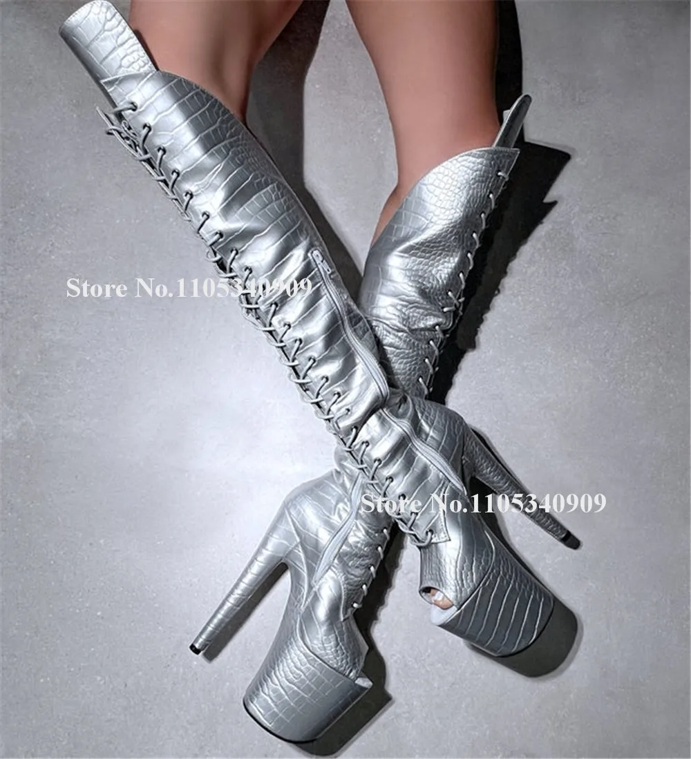 

Bondarenko Silver Pattern Snakeskin Leather Stiletto Heel Over Knee Boots Peep Toe Lace-up High Platform Dance Shoes