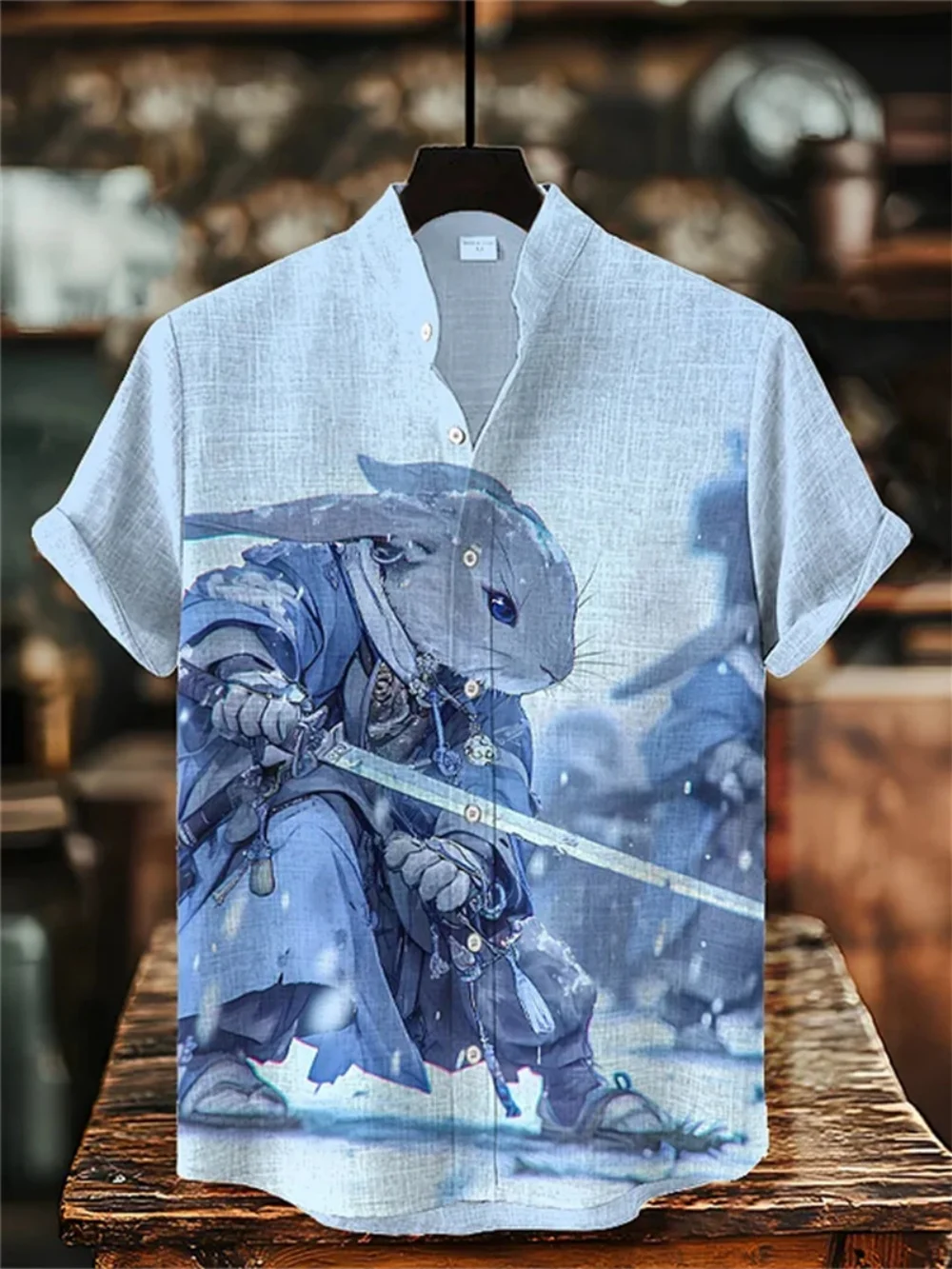 Creative Rabbit Warrior Print Short Sleeve Shirt Stand up Collar Casual Hawaiian Vacation Beach Linen Fashionable Men's Top