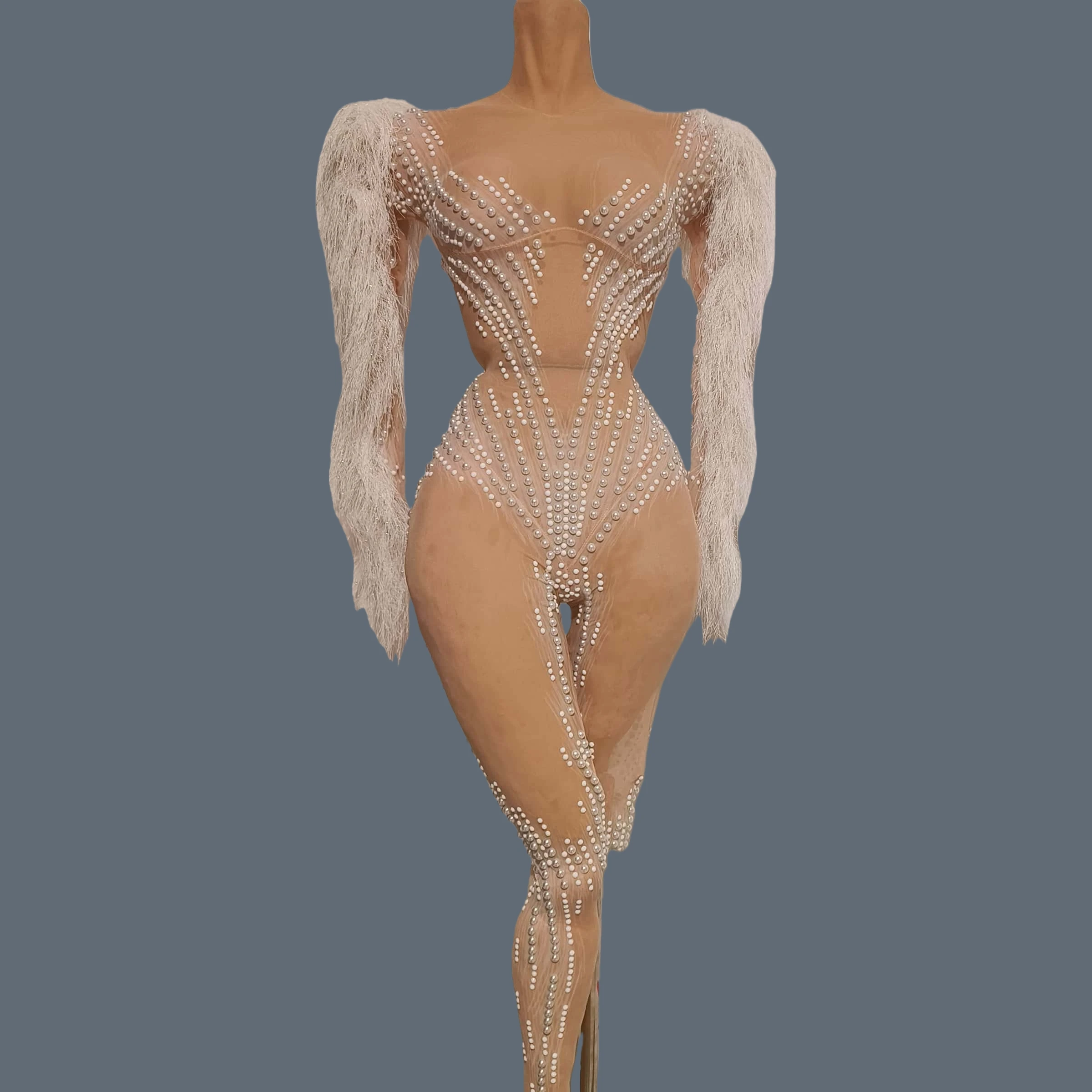 Mono Sexy con Cuentas de Perlas Brillantes para Mujer, Mono Ajustado con Mangas de Plumas Blancas para Fiesta de Cumpleaños, Atuendo para Sesión de Fotos, Ropa de Escenario Bingshuang