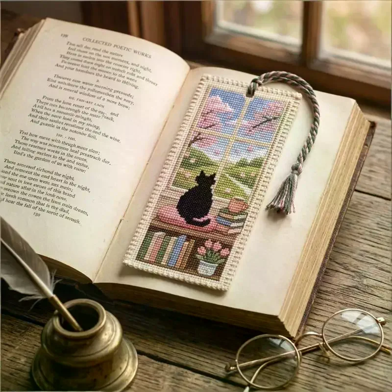 DIY Seasonal Cat Cross Bookmark Material Kit Handcrafted With Braided Rope Book Page Marker Embroidery Kit Women Girls