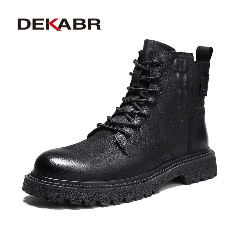 DEKABR New Comfortable Autumn Winter Warm Fur Ankle Boots Black Genuine Leather Soft Mens Handmade Non-Slip Boots Size 38-46