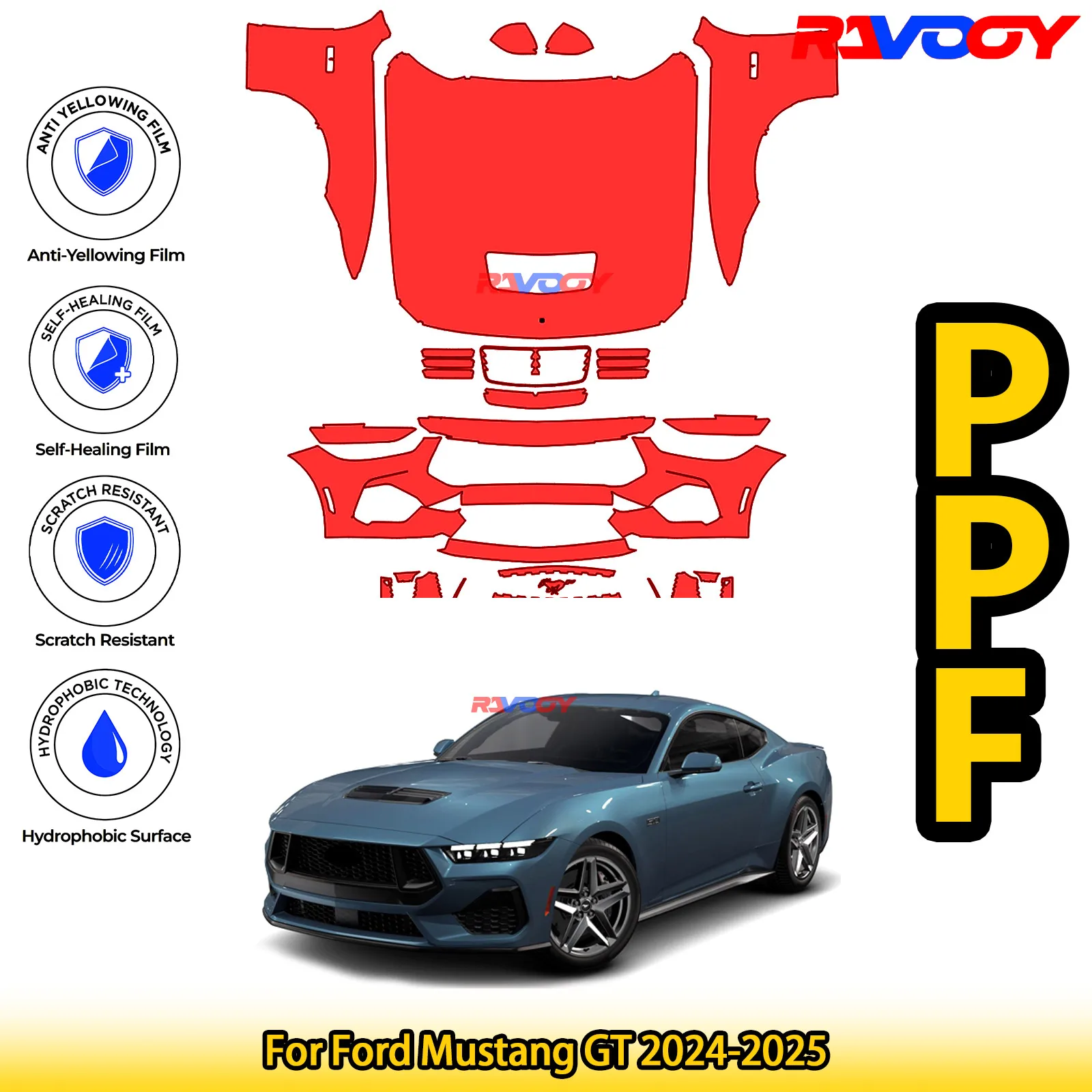 

For Ford Mustang GT 2024-2025 Glossy Matte Black Precut front PPF Kit Paint Protection Film