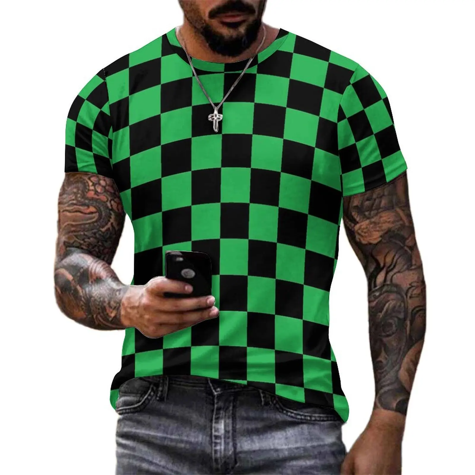 Vintage Check Print T-Shirt For Mens Black And Green O Neck T-Shirts Summer Vintage Tops Short-Sleeved Streetwear Plus Size Tees