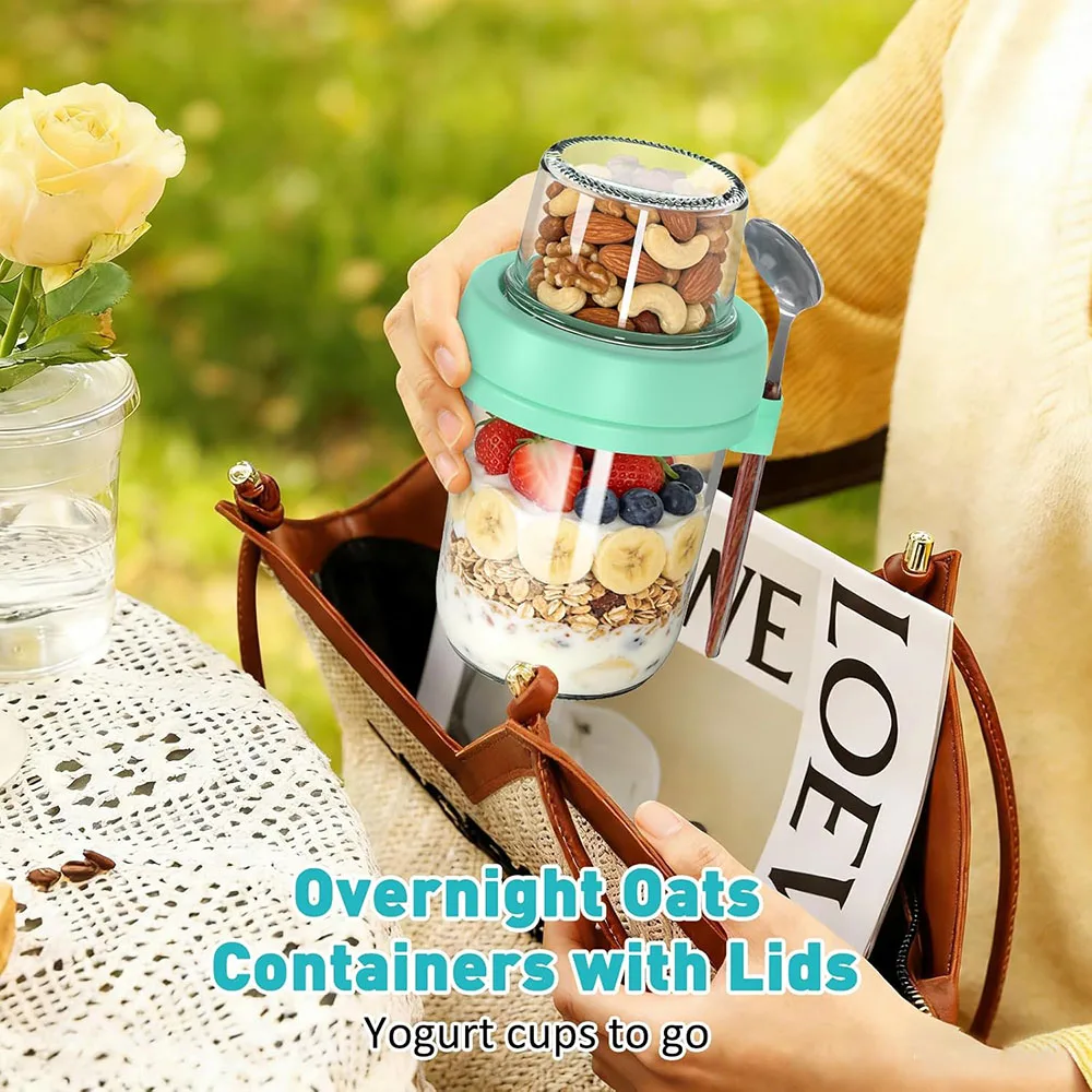 Overnight Oats Containers with Lids and Spoons,Dual-Layer Glass Mason Jars with Dry and Wet Separation for Oatmeal Salad Yogurt