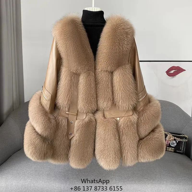 

Новинка 2023 года: Зимняя теплая кожаная куртка с мехом для женщин, пальто из натурального лисьего меха