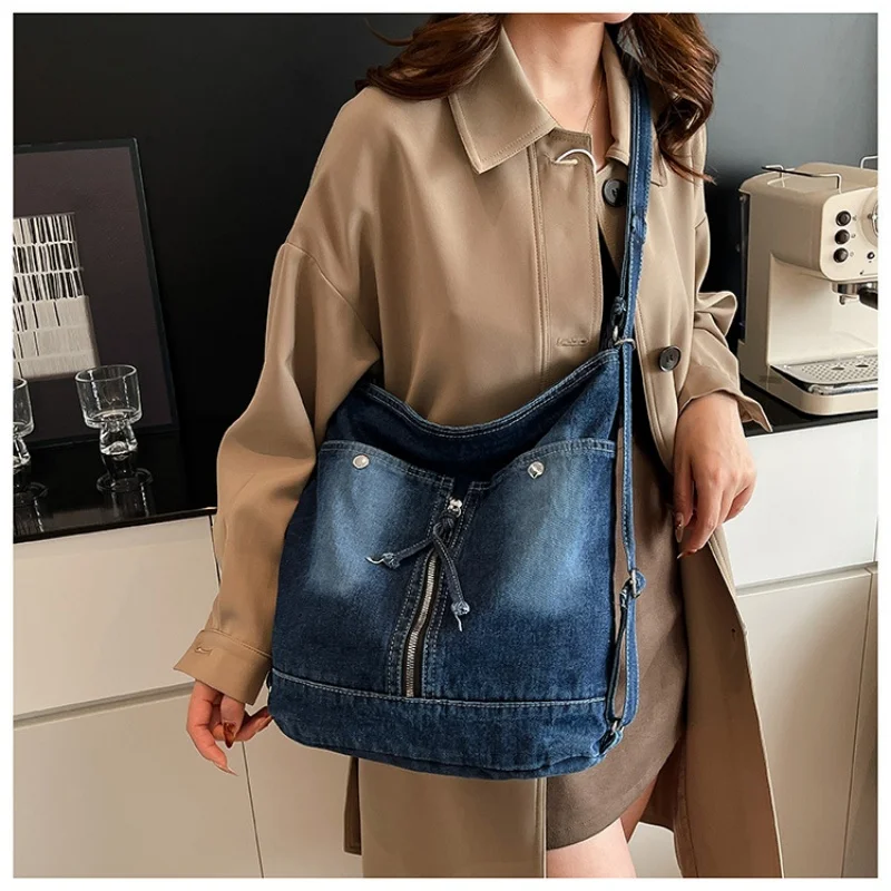 Women Washed Denim Hobo Bag Ruffle Pleated Shoulder Bag Casual Drawstring Sling Underarm Handbag