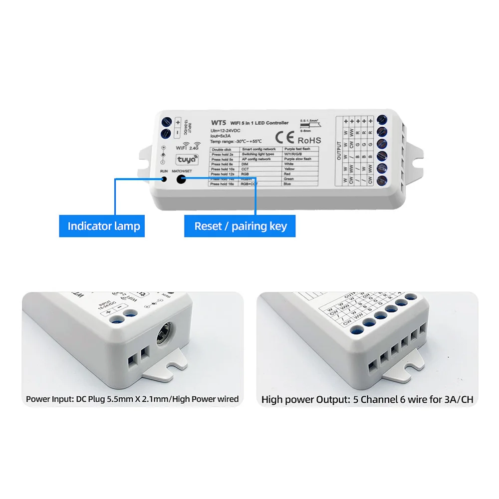 Tuya wt5 led controller 5 in 1 wifi dimmer dc 12v 24v 2,4g rf drahtlose fernbedienung rt5 rt10 für cct rgb rgbw rgbcct streifen licht